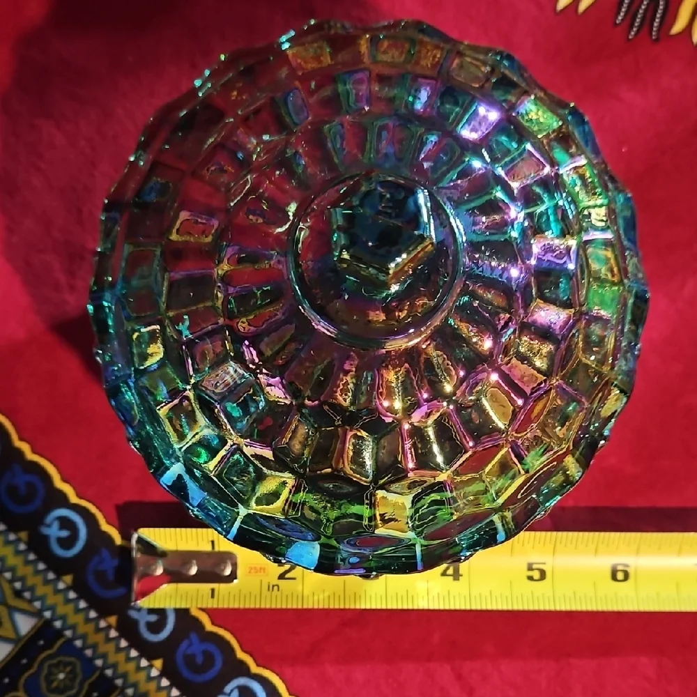 Indiana Glass Whitehall American Peacock Iridescent Carnival Cubist Covered Dish